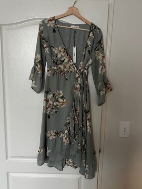 june & hudson Sage Green Floral Wrap Midi Dress